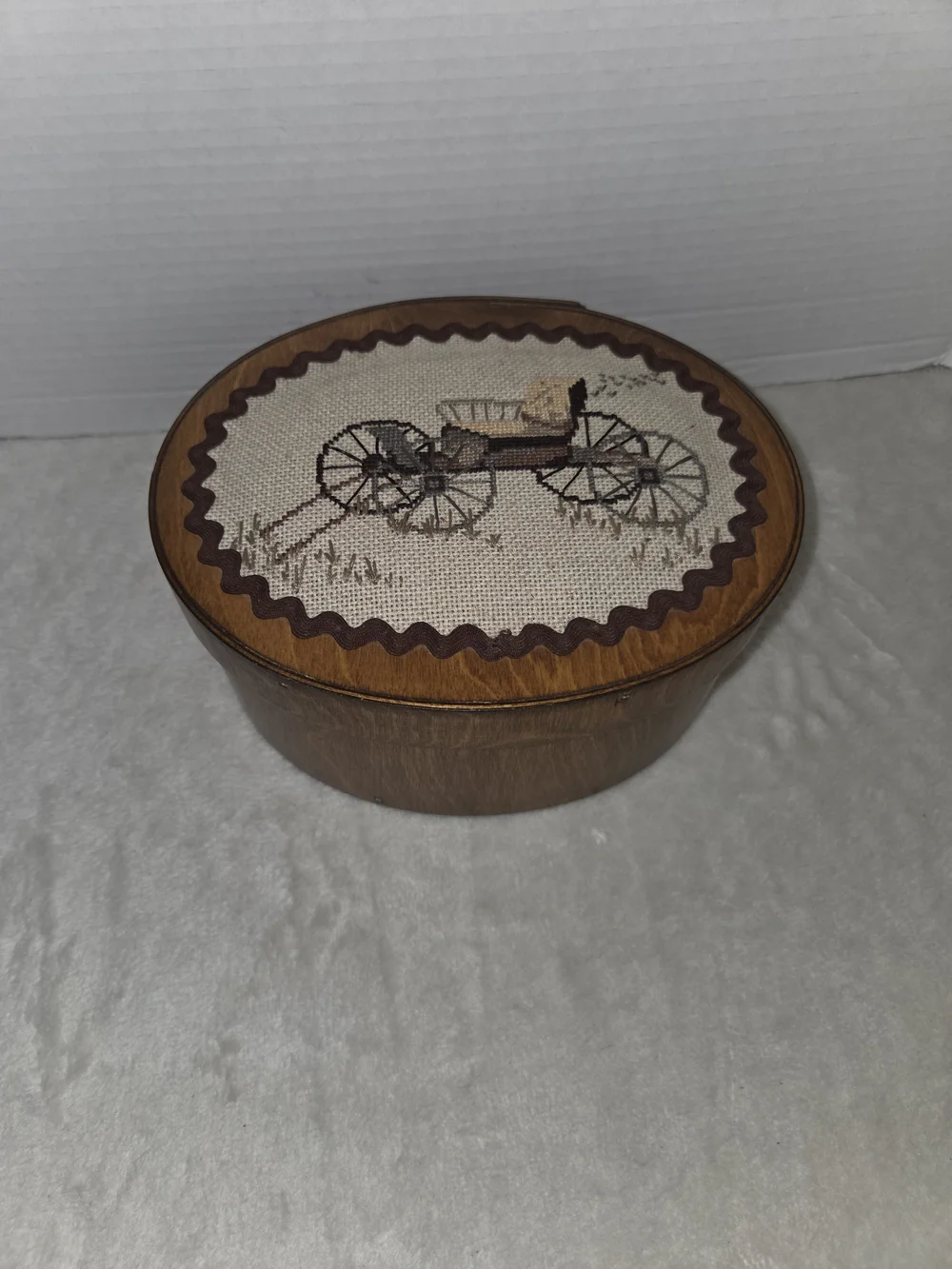 Vintage Cylinder Wooden Storage Box w/ Decorative Horse Buggy Cross Stitch Lid